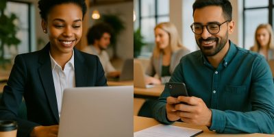 Elite Talent account. Side-by-side images showing diverse South African professionals in a bright modern co-working space. On the left, a job seeker smiles while creating an account on a laptop. On the right, an employer uses a mobile phone to register on Elite Talent. Both scenes feature warm natural light and a relaxed, welcoming atmosphere.