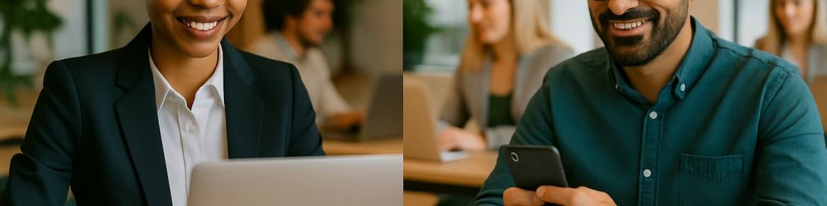 Elite Talent account. Side-by-side images showing diverse South African professionals in a bright modern co-working space. On the left, a job seeker smiles while creating an account on a laptop. On the right, an employer uses a mobile phone to register on Elite Talent. Both scenes feature warm natural light and a relaxed, welcoming atmosphere.