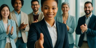 Elite Talent. A diverse group of professionals stands in a bright modern office applauding as a confident young Black businesswoman in a navy blazer extends her hand toward the camera, smiling warmly.