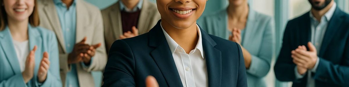 Elite Talent. A diverse group of professionals stands in a bright modern office applauding as a confident young Black businesswoman in a navy blazer extends her hand toward the camera, smiling warmly.