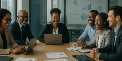 project based hiring, Diverse professionals collaborating in a modern boardroom during a project-based hiring discussion